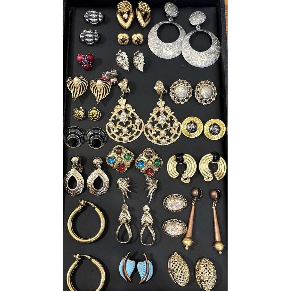 Vintage 22 Pair Earrings Lot - Gold Tone Silver Tone Some Signed Statement